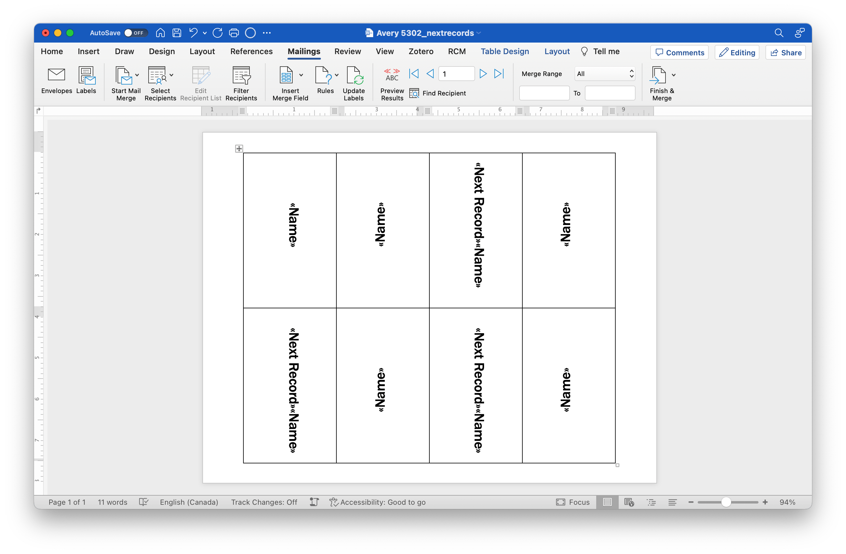 Microsoft Word application window showing the merge tag layout for Avery 5302